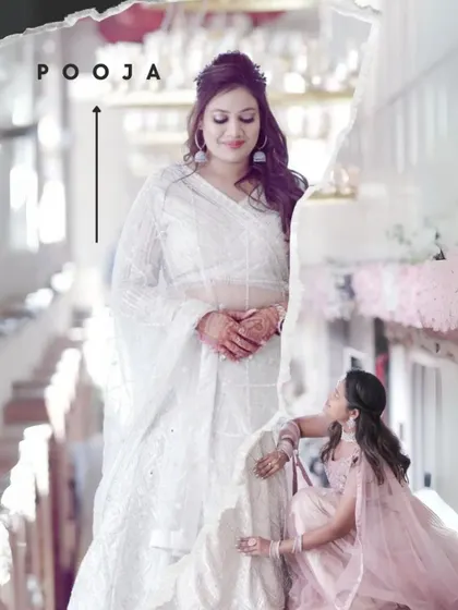 A creative collage of the bride, Pooja, looking elegant in her white engagement outfit, with a smaller image of a friend adjusting her dress.