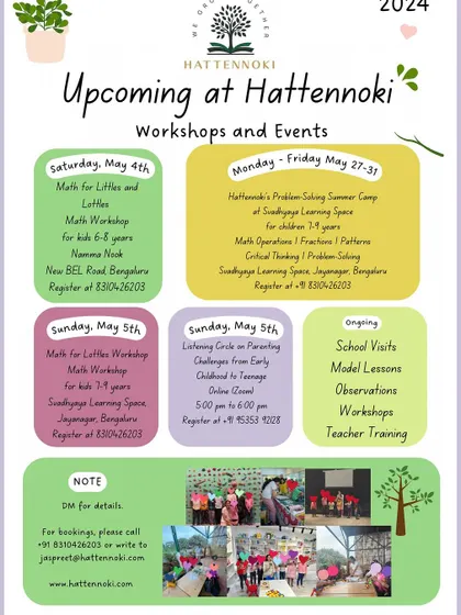 A flyer outlining my upcoming workshops and events for the month, including math workshops, a listening circle on parenting, and ongoing school visits and teacher trainings.