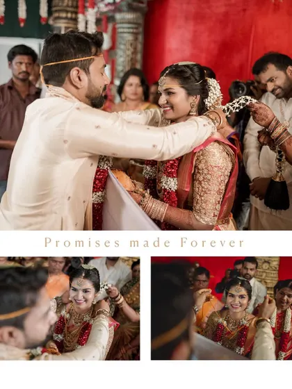 Promises made forever. A collage of the key moments from Dipa and Bhargav's wedding ceremony, focusing on the sacred rituals that unite them.