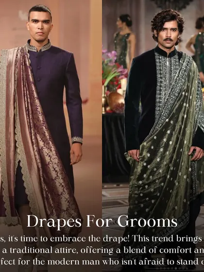 Drapes are not just for brides anymore. This trend brings a fresh, stylish twist to traditional groomswear, offering a blend of comfort and high-fashion flair for the modern man.