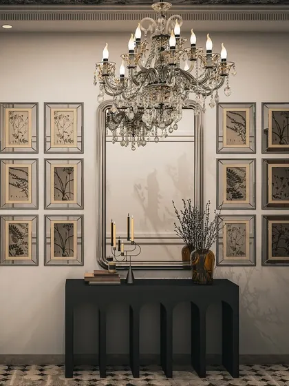 We believe in making a grand entrance. This luxurious foyer features a statement console table, a gallery wall of botanical prints, and an opulent crystal chandelier, setting a tone of refined sophistication from the moment you step inside.