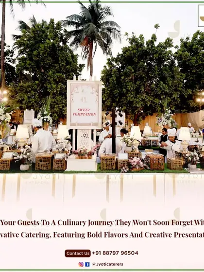 A 'Sweet Temptation' dessert station set up outdoors, using rustic wicker baskets and simple white counters to create a charming and inviting display.