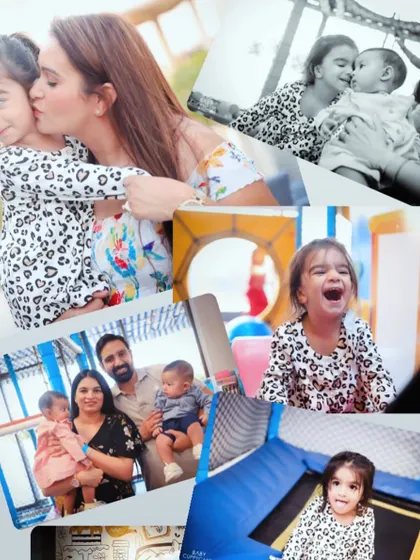 A collage filled with happy family moments. It shows the pure joy of kids laughing on the trampoline and parents sharing kisses and cuddles, all within our fun-filled space.