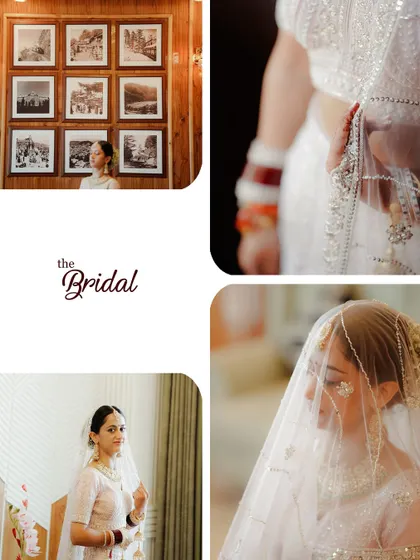 A collage of a bride in a beautiful white lehenga. It includes details of her veil and her posing against a wall of photographs, adding a personal touch.