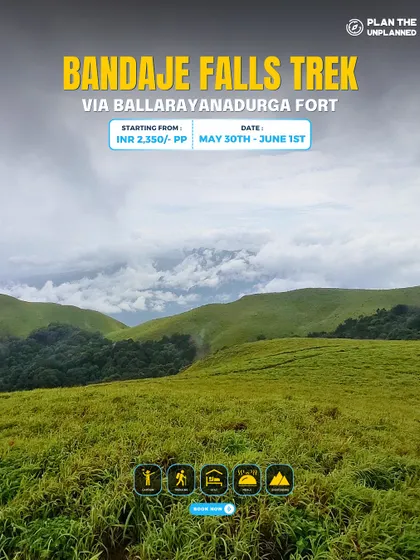The rolling green hills of the Western Ghats on the way to Bandaje Falls. This landscape is a trekker's paradise.