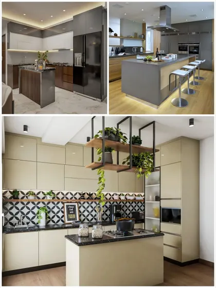Here are a few examples of my island kitchen designs. I focus on making the island a functional centerpiece, whether it's for extra prep space, casual dining with bar stools, or incorporating hanging storage for plants.
