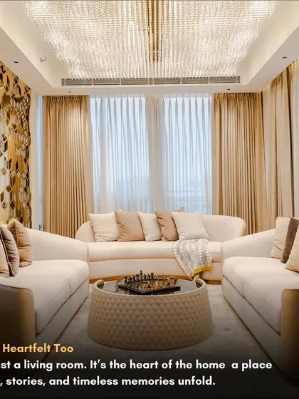 This living room is not just stylish, it's heartfelt. The golden accent wall and crystal chandelier create a glamorous setting for conversations and making memories.