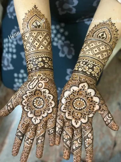 A beautiful Eid design featuring a central mandala on each palm, with personalized elements.