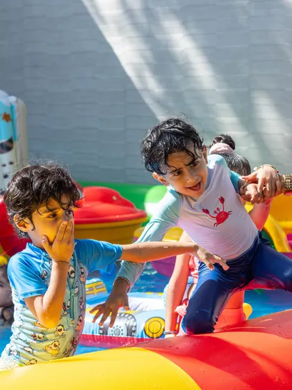 The excitement is real at our Splash Fiesta! Our inflatable obstacle courses in the water are a huge hit with the boys.