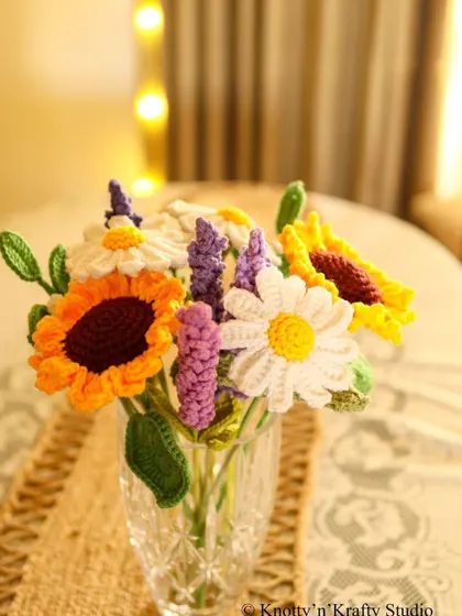 The Medley Bouquet, a beautiful mix of my favourite crochet flowers including sunflowers, daisies, and lavenders.
