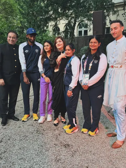 With my family and Indian athletes at the Paris Olympics celebration.