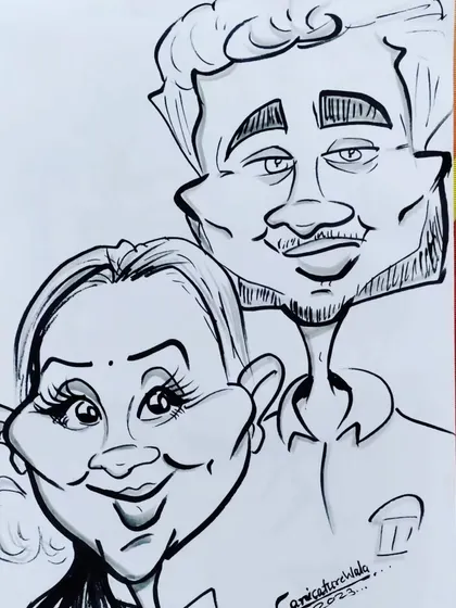 A classic black and white couple caricature. This timeless style uses bold lines and shading to focus on expressions, making it a popular choice for anniversary and wedding gifts.