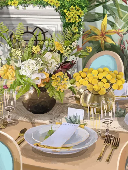 A look into our design process. These concept sketches show how we envision transforming a conventional ballroom into a charming space with an al fresco feel, complete with color options and detailed layouts.