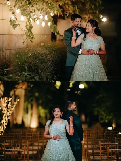 A collage of two romantic reception portraits. One is a candid, interactive moment, while the other is a more classic pose, showing the variety we provide.