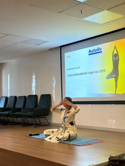 Demonstrating Bhramari Pranayama (Bee Breath) to the Autoliv team. This breathing technique is incredibly effective for calming an anxious mind.