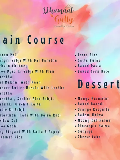 My specially curated Holi menu, part two. This section covers the main courses and desserts, including classics like Puran Poli and modern treats like Mango Rasmalai.