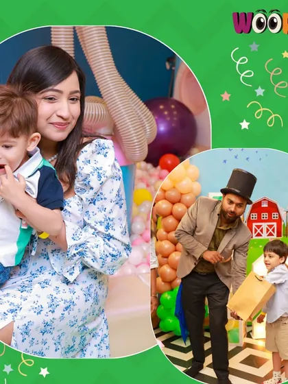 A collage capturing a magic show and a mother holding her child.