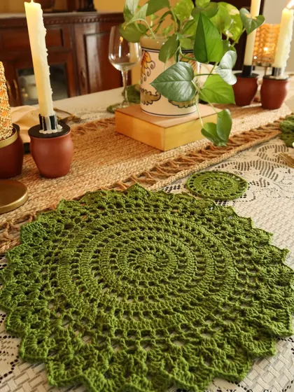 My Olive Green Pinwheel Placemats and Coasters. The spiral design is so mesmerizing and fun to make.
