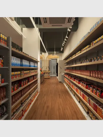 The aisle design for dry goods ensures products are well-lit and easily accessible. The wooden flooring and consistent shelving create a warm and organized shopping environment that feels premium and clean.