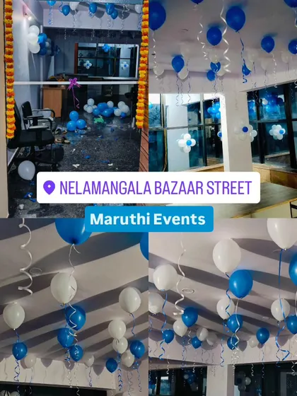 A collage showing simple blue and white balloon decorations for a shop opening, including balloons on the ceiling and at the entrance.