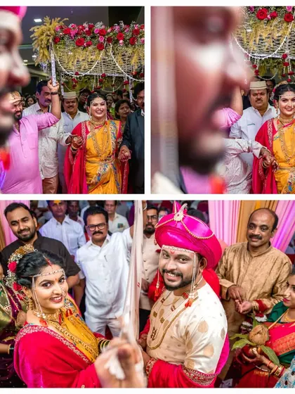 A collage capturing the bride's grand entrance, surrounded by family and the energy of the wedding hall.