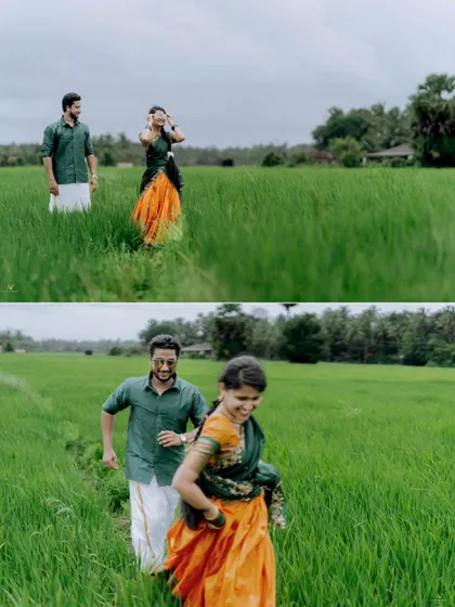 A collage showing the couple running and interacting playfully in a vibrant green paddy field.