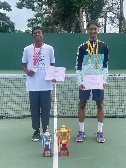 Nithinbarath KS (left) proudly displays his silver medal and certificate after becoming a finalist in the Boys U-17 Singles at the CISCE Regional Sports and Games 2024.