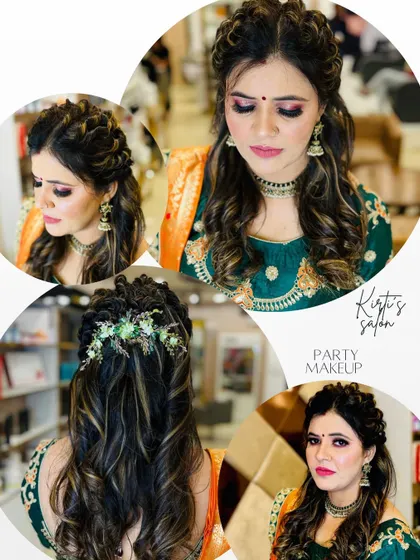 This collage highlights the beautiful hairstyle and makeup for a party. The braided crown and soft curls are perfect for any celebration.