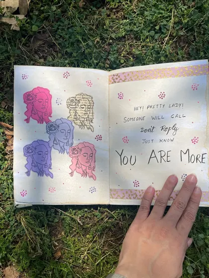 Another page from my outdoor journaling session. This one uses stamps and washi tape with a self-love reminder.