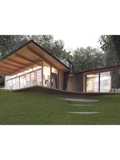 This is a concept for a villa prototype using Cross Laminated Timber (CLT) construction. The design features an expressive, angular roof and large glass openings, showcasing the aesthetic possibilities of sustainable timber architecture.