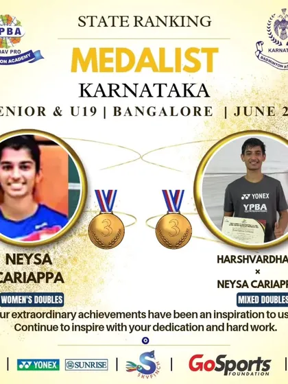 Neysa Cariappa and Harshvardhan Kotari with their medals from the Karnataka Senior & U19 State Ranking tournament.