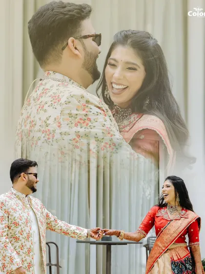 A dreamy double exposure combining a close-up with a full shot of the couple holding hands.