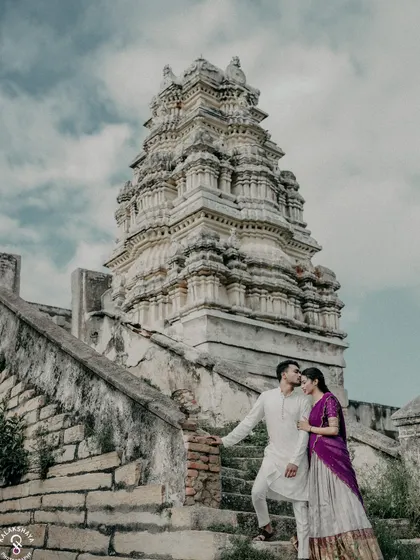 Blending love with heritage. This pre-wedding photo at a historic temple site near Bangalore shows how we can create timeless, soulful images that are rooted in culture.