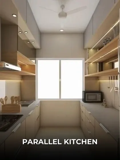 A parallel or galley kitchen is an excellent solution for narrow spaces. This design uses open shelving on one side to create a sense of openness while providing ample storage.