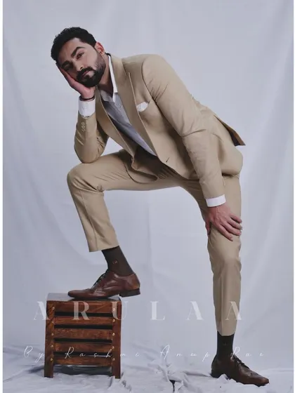 A classic beige suit I designed for actor Gagan Chinnappa. The focus here is on the perfect tailoring and clean lines. A well-fitted suit is a timeless piece that every man needs in his wardrobe.