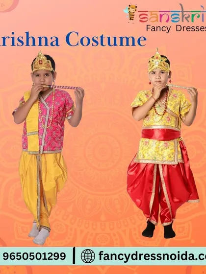 Two variations of our Krishna costume for young boys. Both feature the iconic yellow dhoti with different top designs in pink and red, complete with a crown, showcasing the options available.