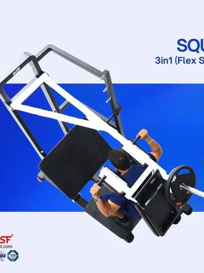 An overhead shot of the squat movement on the 3-in-1 Flex Series machine, illustrating the large footplate and stable base.