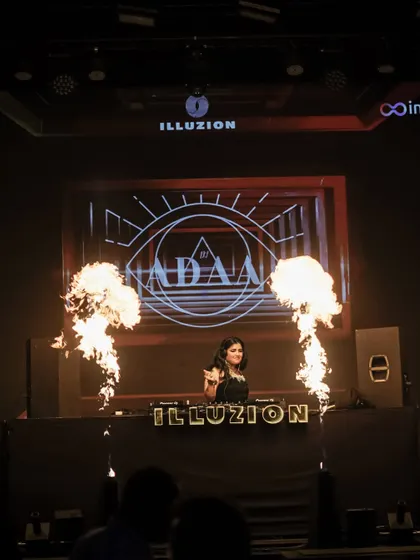 Another angle of my performance at Illuzion, with fire cannons blasting on either side of the DJ booth.