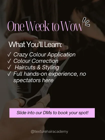 My "One Week to Wow" intensive is designed to transform your career. You will learn everything from crazy colour application and complex colour correction to modern haircuts and styling in a fully hands-on environment.