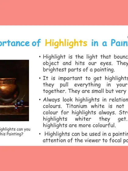 Highlights are the small, bright spots that bring a painting to life. This guide explains why getting highlights right is so powerful and how they can be used to draw the viewer's attention to the most important parts of your artwork.