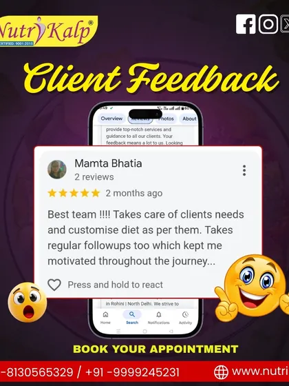 This review from Mamta Bhatia highlights our commitment. We provide customized diets and regular follow-ups to keep you motivated throughout your health journey.