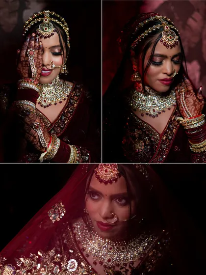 A three-photo collage capturing a range of emotions and poses, from playful to serene, all under dramatic, low-key lighting.