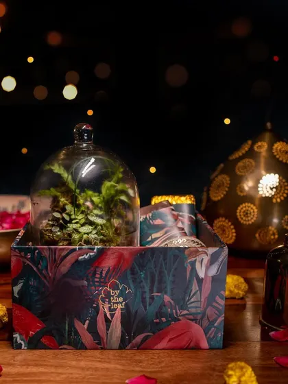 This gift box is designed for spreading festive cheer, featuring a beautiful cloche terrarium alongside handmade chocolates and a scented candle, all packed in a reusable box.