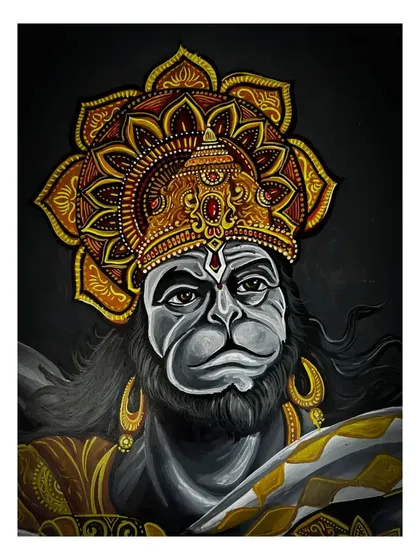 A close-up of the Hanuman mural, focusing on his powerful and calm expression. The detail in the eyes and the intricate design of the crown were key to conveying the deity's divine presence. This level of detail is what I strive for in all my spiritual artwork.
