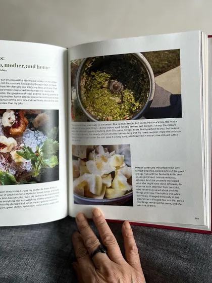 A look inside the book, showcasing a photo essay about making a special chutney.