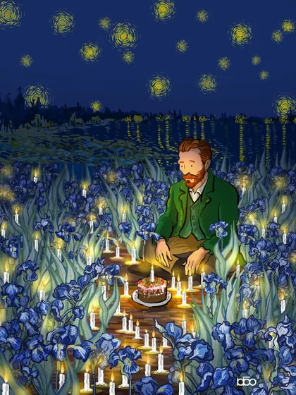A solitary birthday celebration for the artist. Vincent sits in a field of his beloved irises, a single cake illuminated by a path of candles, under a sky of swirling stars. It's a tribute to the creator of so much beauty.