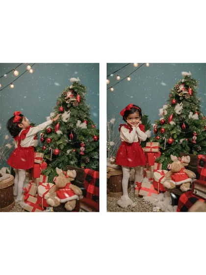 A collage showing the little girl decorating the Christmas tree in our snowy set.