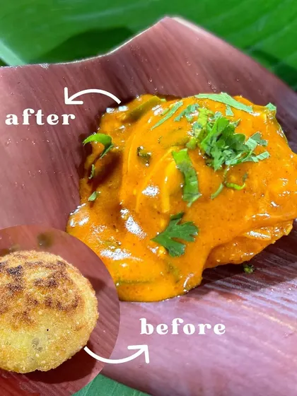 My Peri Peri Paniyaram is a fusion dish that combines the soft, savory rice batter balls with a spicy, tangy peri peri sauce. The 'before' shows the crispy fried paniyaram, and the 'after' shows it coated in delicious sauce.