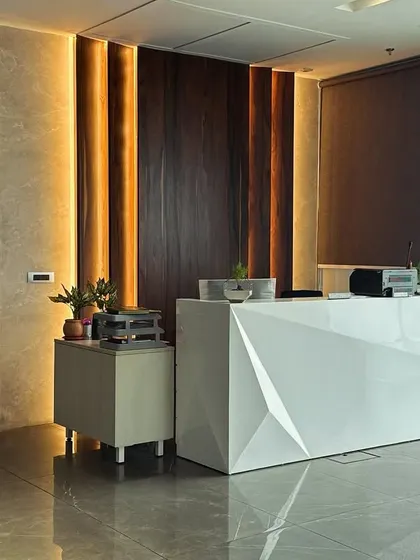 A closer look at the reception area, showing the texture of the back-lit wood panels and the sharp, angular design of the white desk. Small potted plants add a touch of green to the modern space.