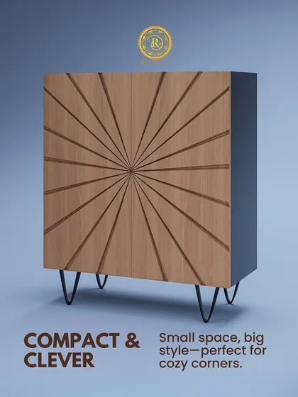 Compact and clever, this small cabinet is perfect for cozy corners. The sunburst pattern carved into the wooden doors adds big style to a small space, proving that every corner can make an impact.